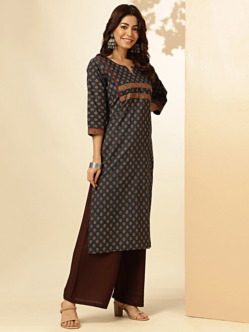 Navy Blue Floral Print Straight Cotton Stitched Kurta