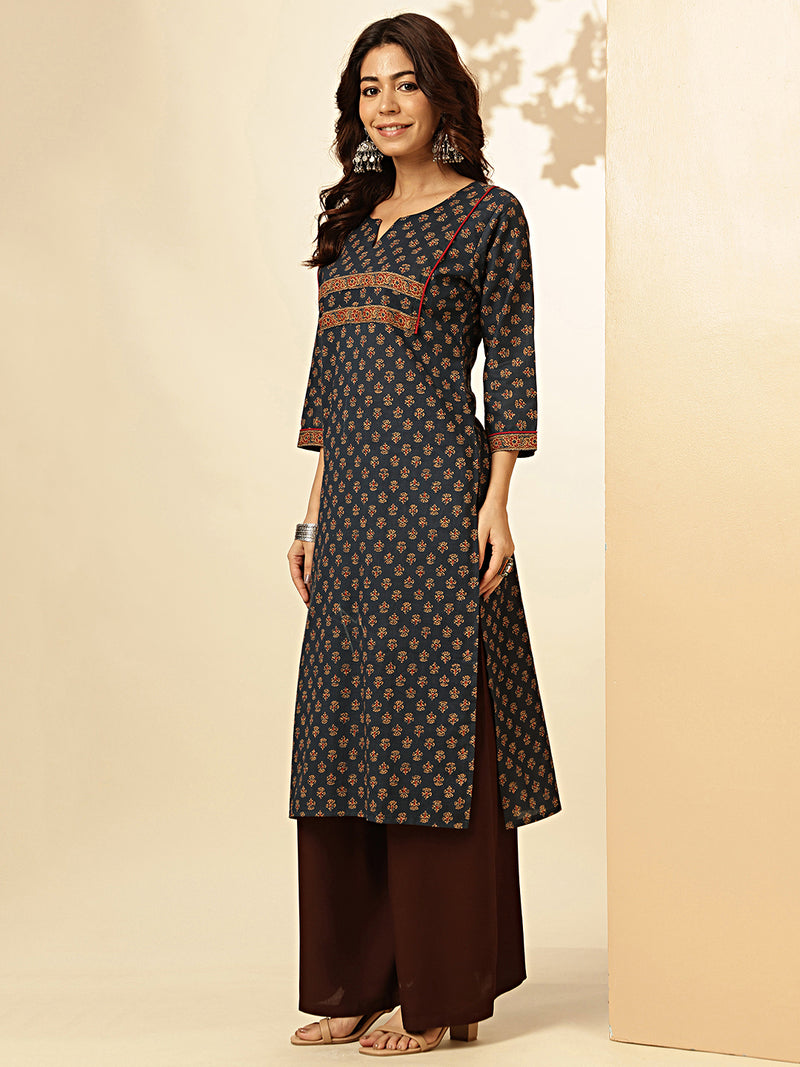 Navy Blue Floral Print Straight Cotton Stitched Kurta