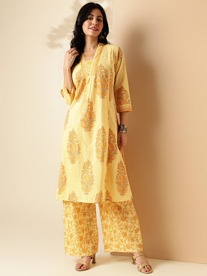 Yellow Floral Print A-Line Cotton Kurta With Palazzo