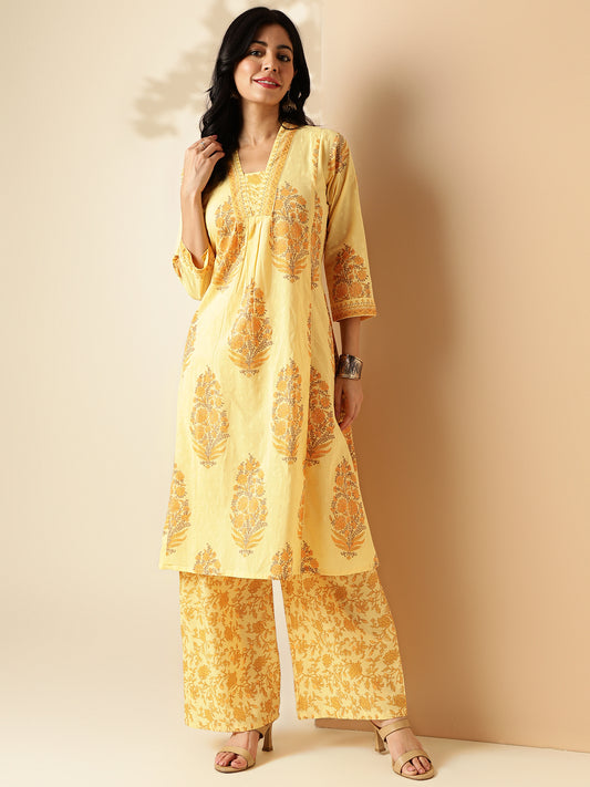 Yellow Floral Print A-Line Cotton Kurta With Palazzo