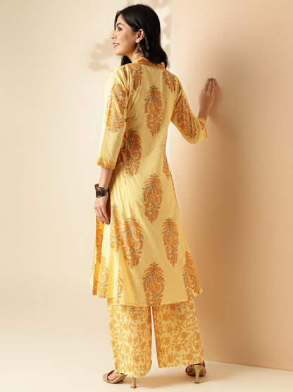 Yellow Floral Print A-Line Cotton Kurta With Palazzo