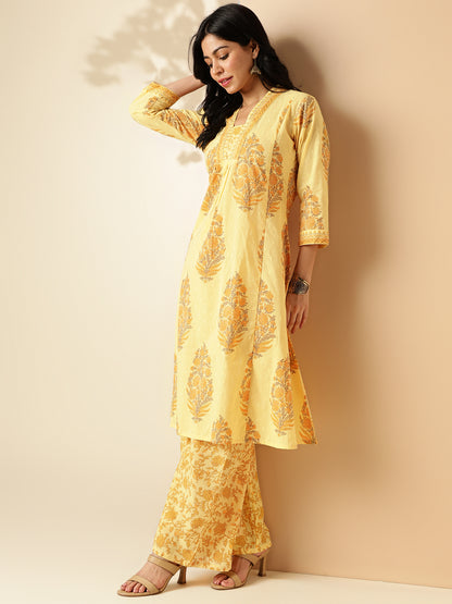 Yellow Floral Print A-Line Cotton Kurta With Palazzo