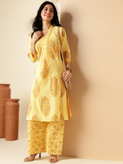 Yellow Floral Print A-Line Cotton Kurta With Palazzo