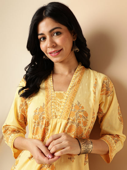 Yellow Floral Print A-Line Cotton Kurta With Palazzo