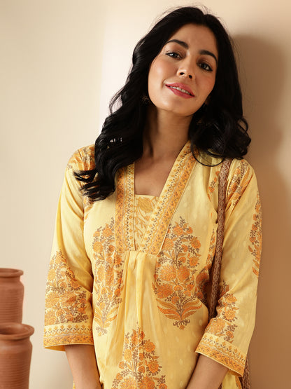 Yellow Floral Print A-Line Cotton Kurta With Palazzo