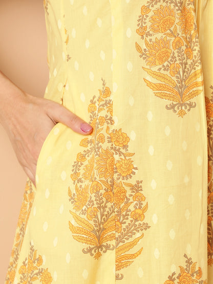 Yellow Floral Print A-Line Cotton Kurta With Palazzo