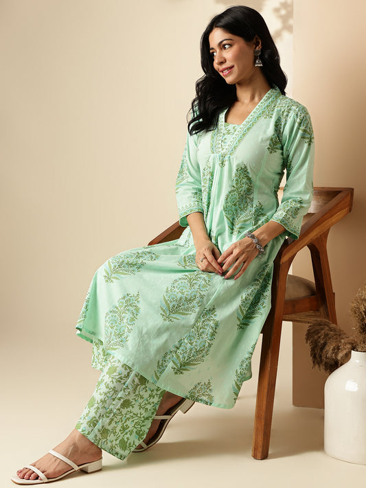 Sea Green Floral Print A-Line Cotton Kurta With Palazzo