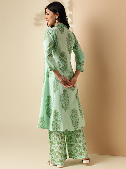 Sea Green Floral Print A-Line Cotton Kurta With Palazzo