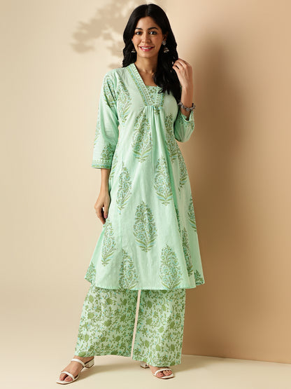 Sea Green Floral Print A-Line Cotton Kurta With Palazzo