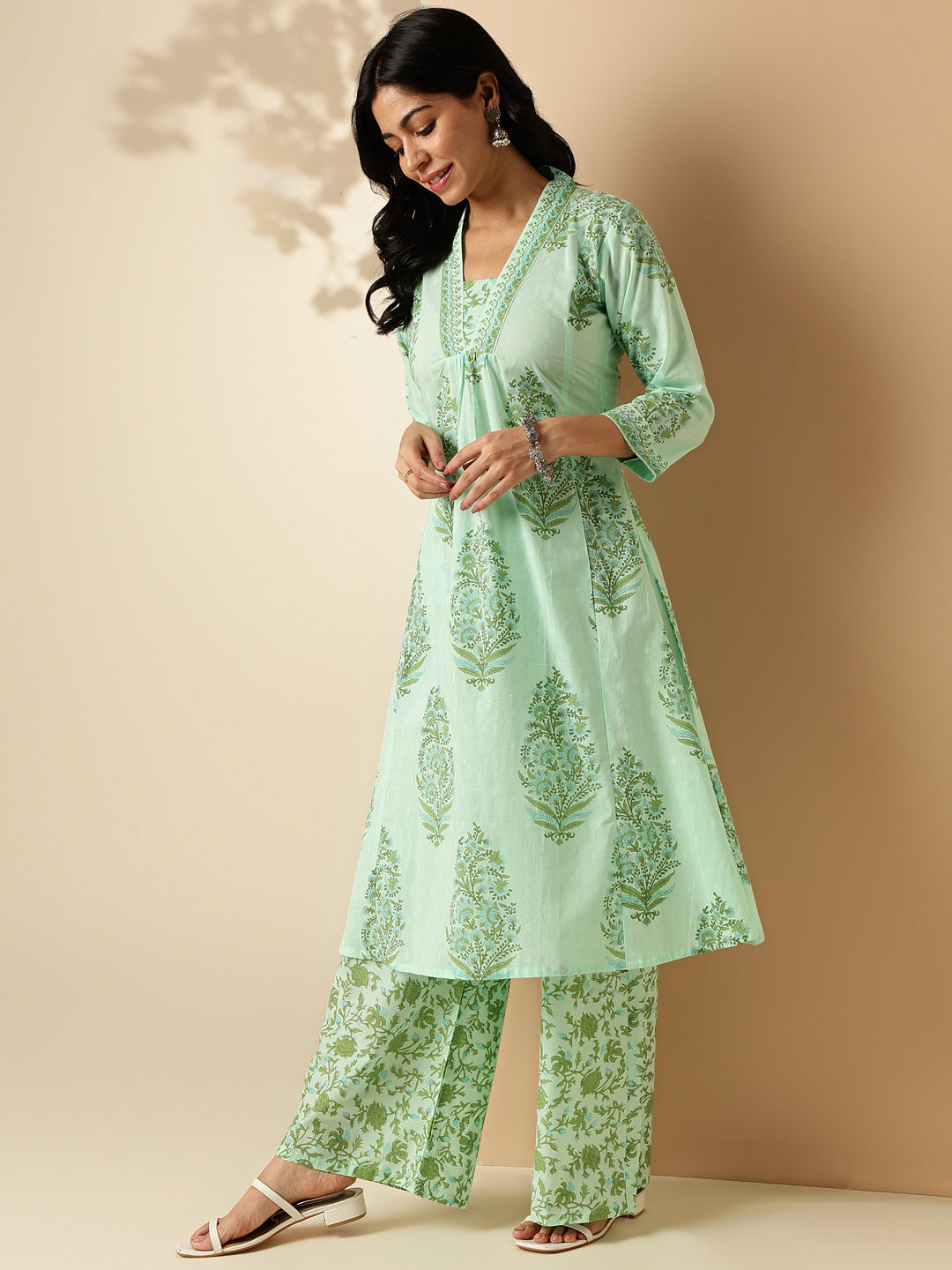 Sea Green Floral Print A-Line Cotton Kurta With Palazzo