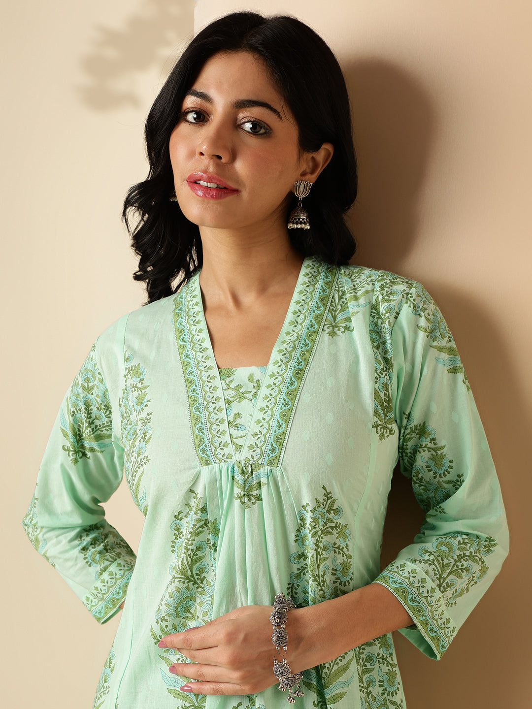 Sea Green Floral Print A-Line Cotton Kurta With Palazzo