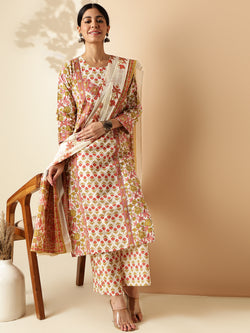 Red Floral Print With Printed Lace Straight Cotton Kurta Set