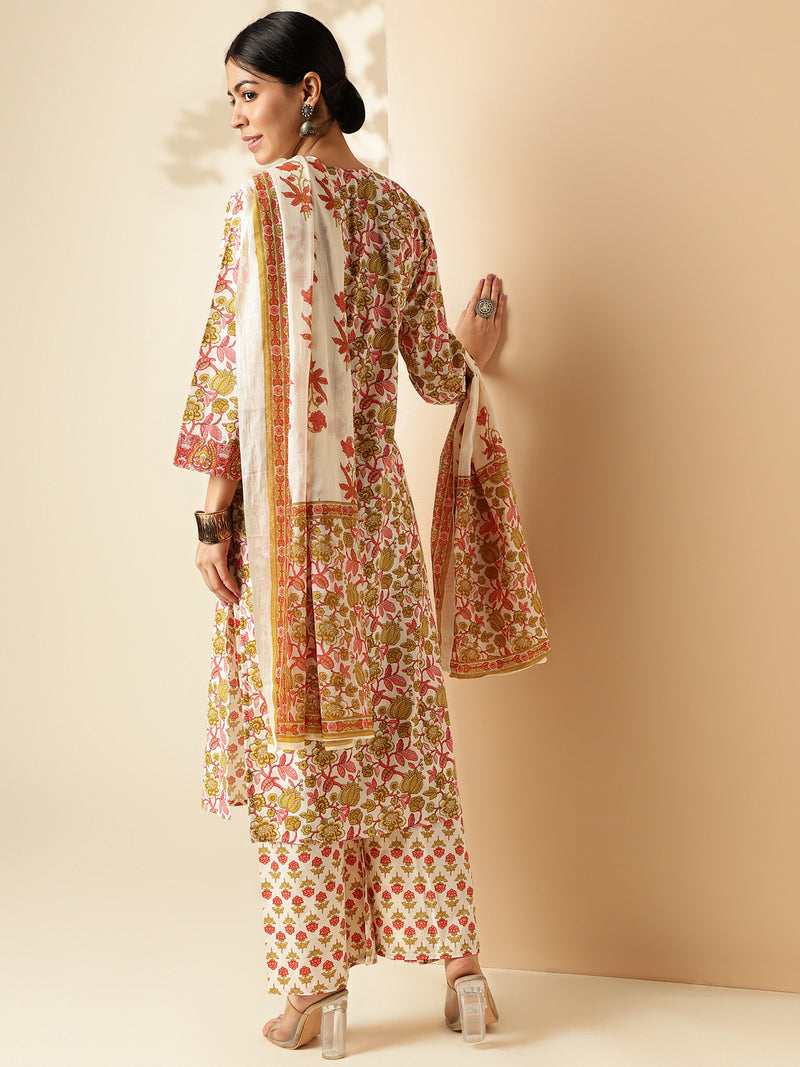 Red Floral Print With Printed Lace Straight Cotton Kurta Set