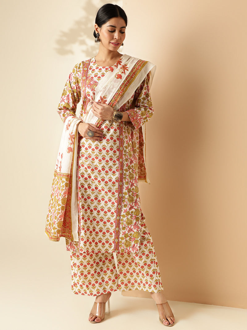 Red Floral Print With Printed Lace Straight Cotton Kurta Set