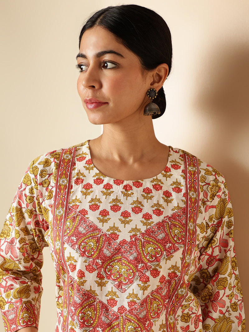 Red Floral Print With Printed Lace Straight Cotton Kurta Set