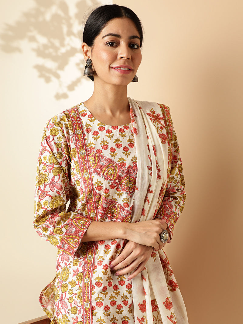 Red Floral Print With Printed Lace Straight Cotton Kurta Set