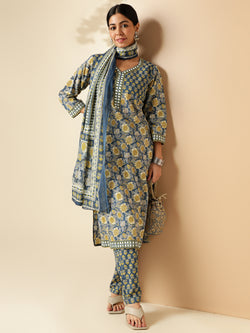 Blue Floral Print Straight Cotton Kurta Set