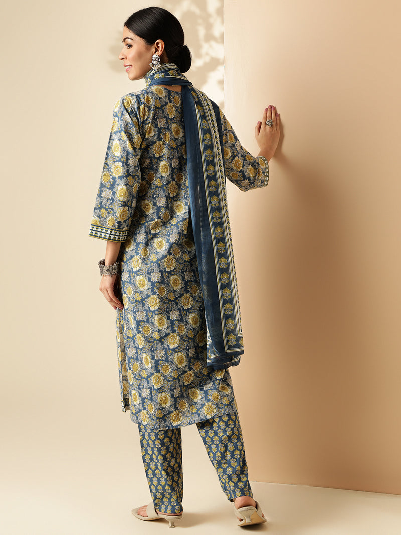 Blue Floral Print Straight Cotton Kurta Set