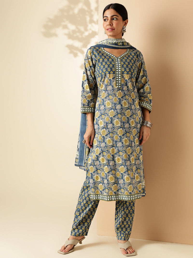 Blue Floral Print Straight Cotton Kurta Set