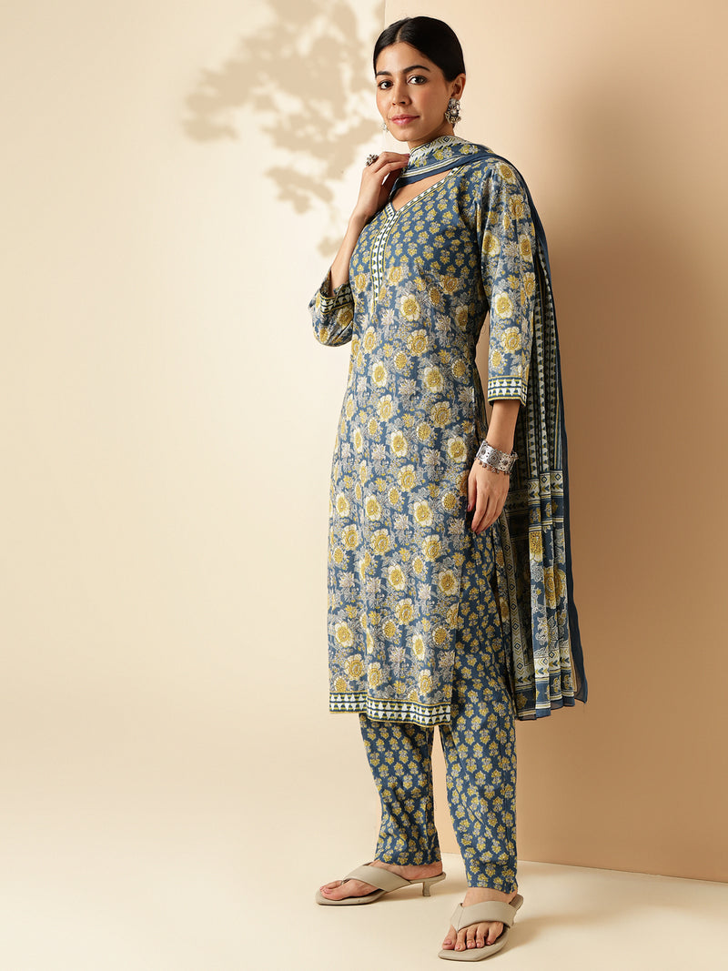 Blue Floral Print Straight Cotton Kurta Set