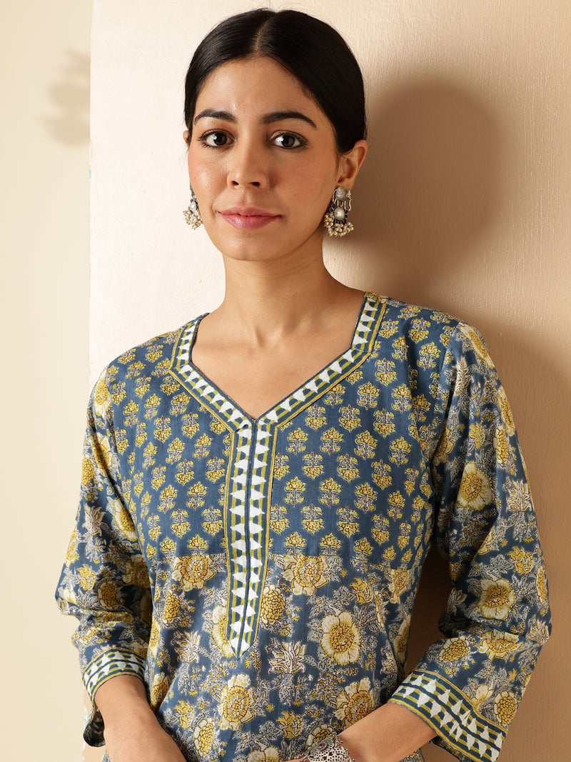 Blue Floral Print Straight Cotton Kurta Set