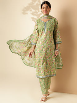 Light Green Floral Print Straight Cotton Kurta Set