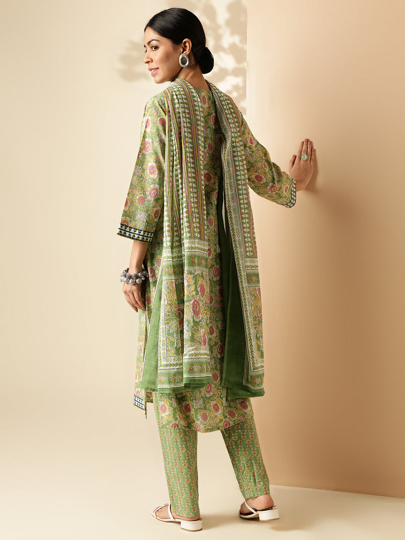 Light Green Floral Print Straight Cotton Kurta Set