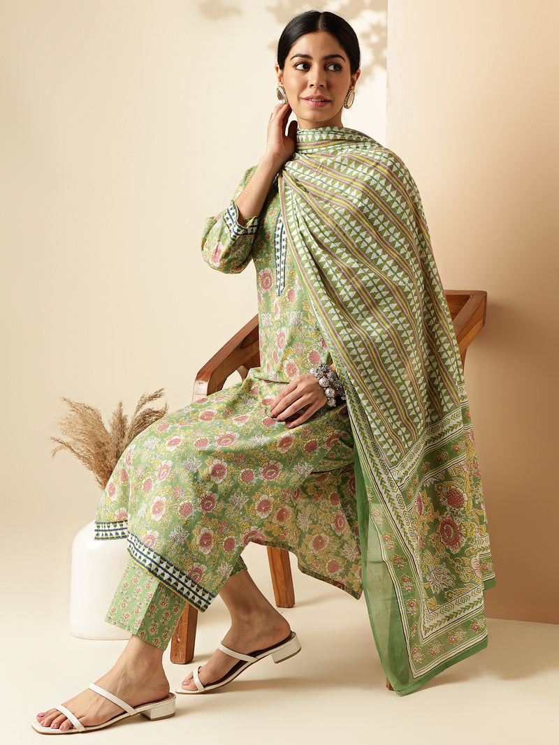 Light Green Floral Print Straight Cotton Kurta Set