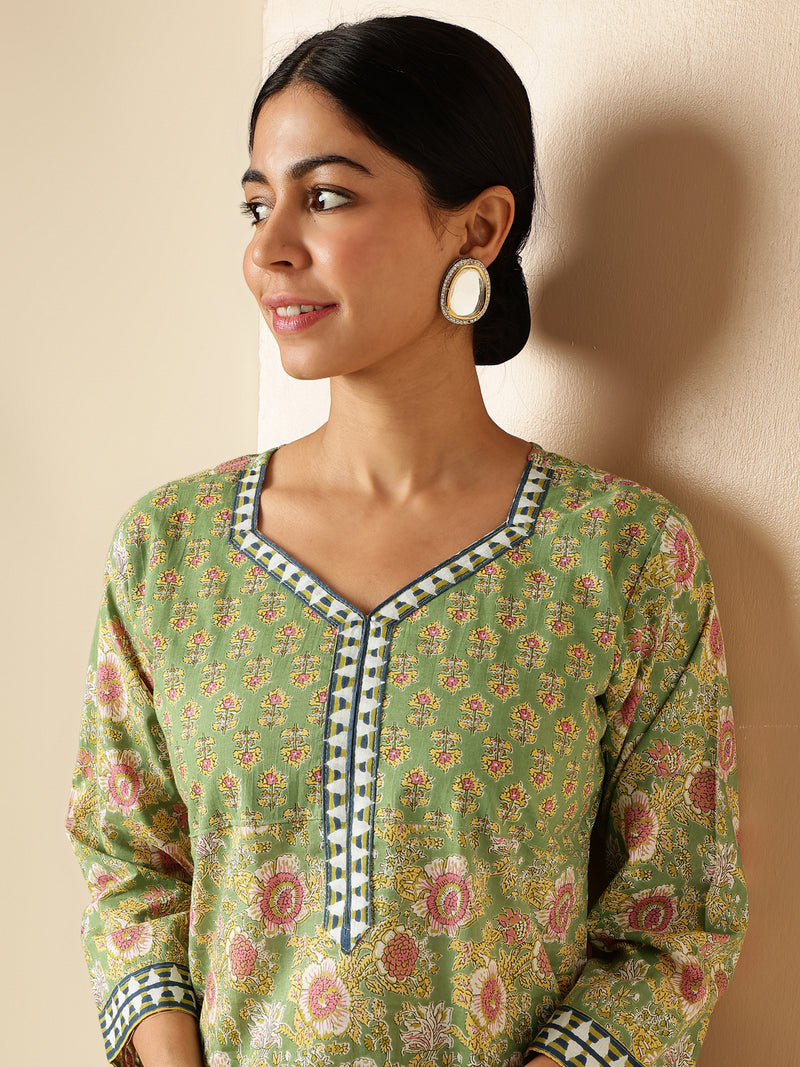 Light Green Floral Print Straight Cotton Kurta Set