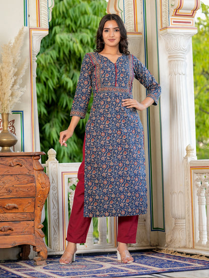 Blue Floral Printed Straight Cotton Kurta