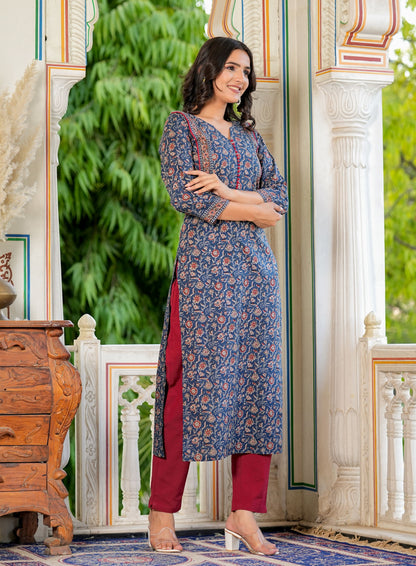 Blue Floral Printed Straight Cotton Kurta