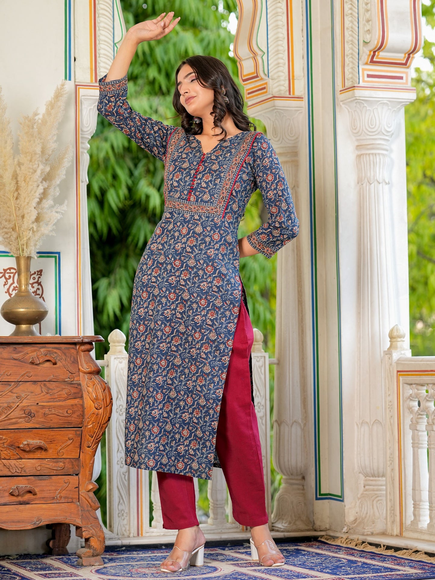 Blue Floral Printed Straight Cotton Kurta