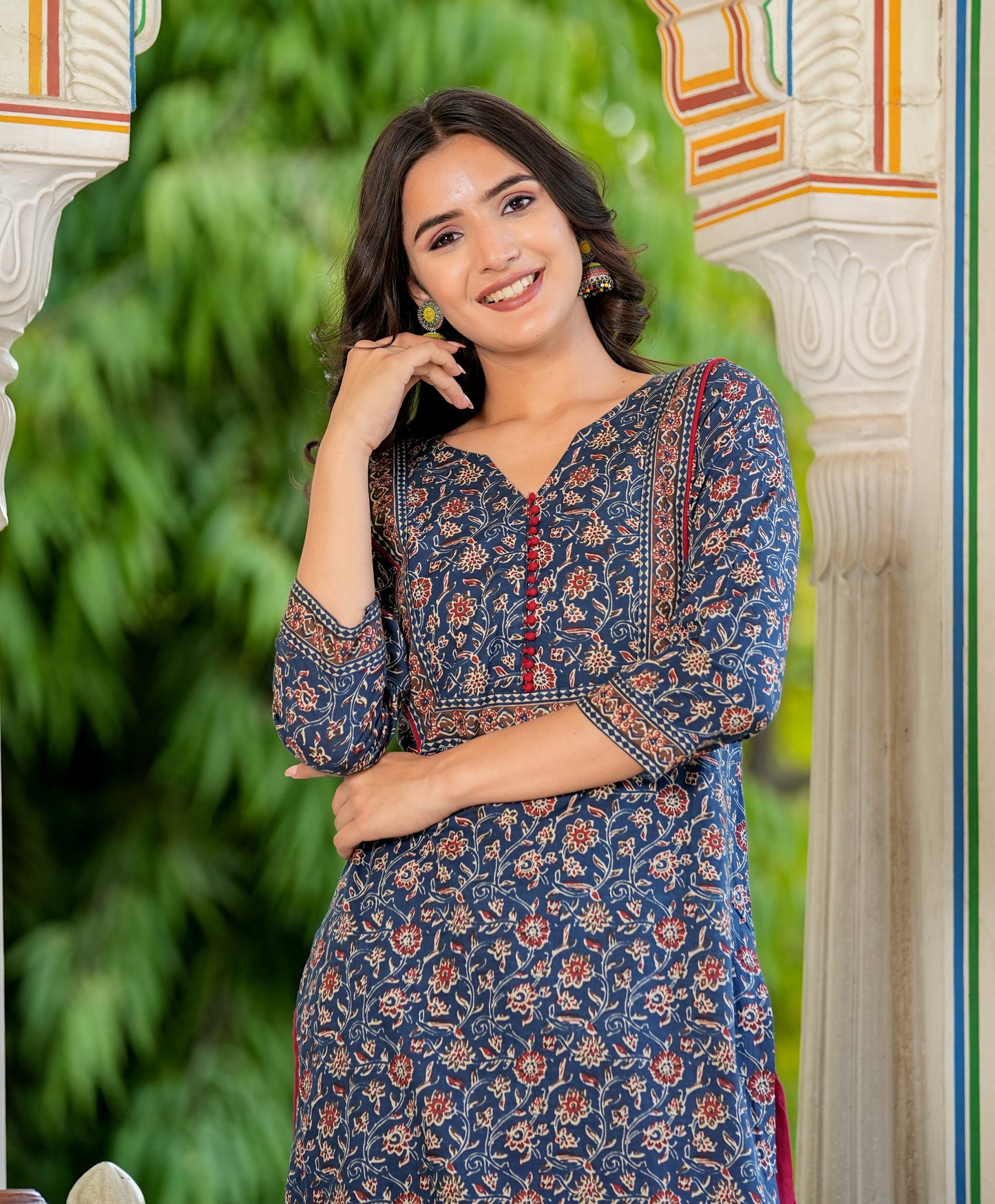 Blue Floral Printed Straight Cotton Kurta