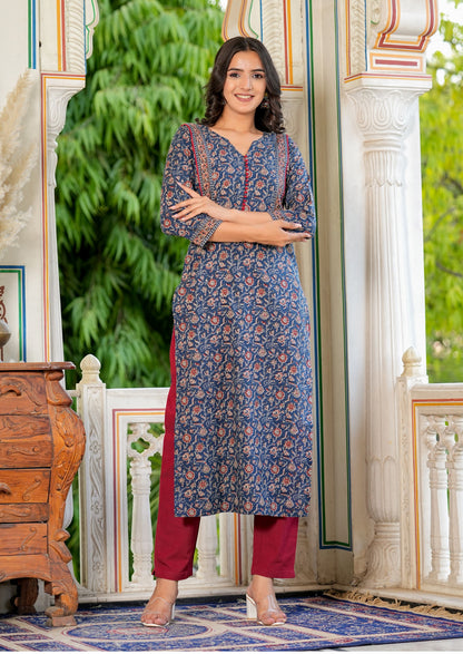 Blue Floral Printed Straight Cotton Kurta