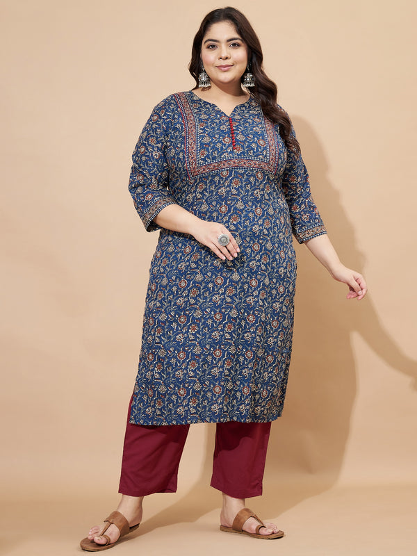 Blue Floral Printed Straight Cotton Stitched Kurta