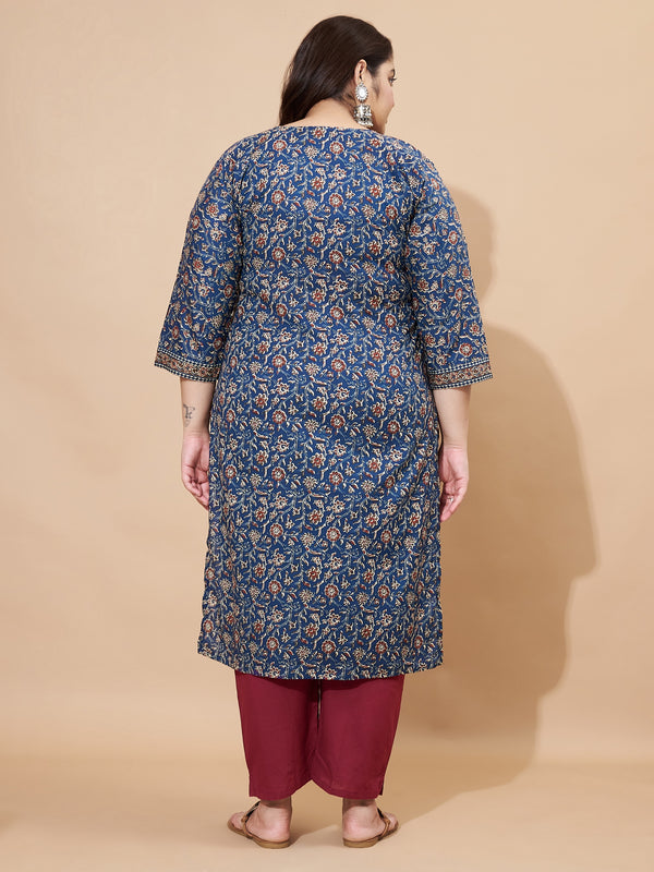 Blue Floral Printed Straight Cotton Stitched Kurta