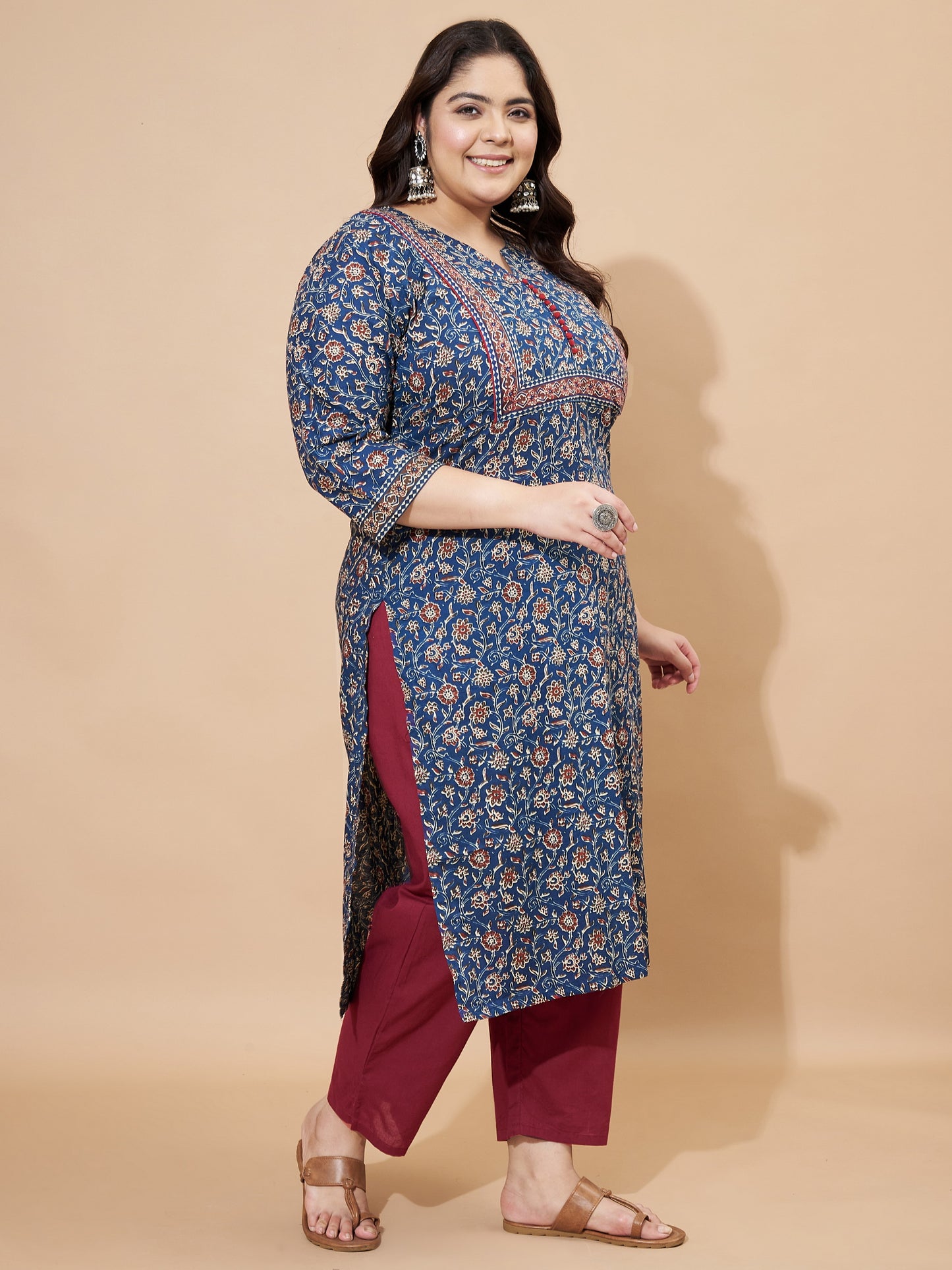 Blue Floral Printed Straight Cotton Stitched Kurta