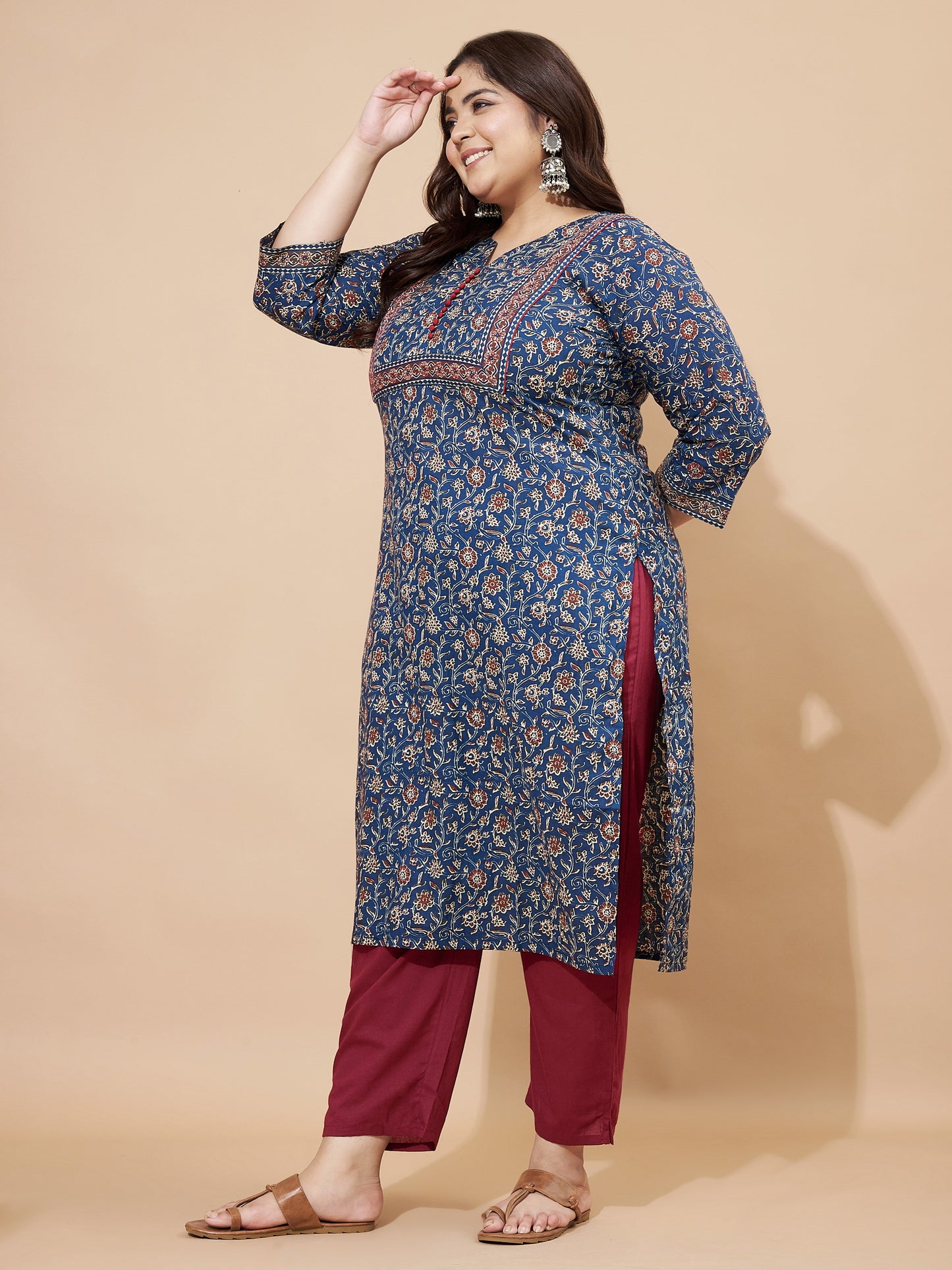 Blue Floral Printed Straight Cotton Stitched Kurta