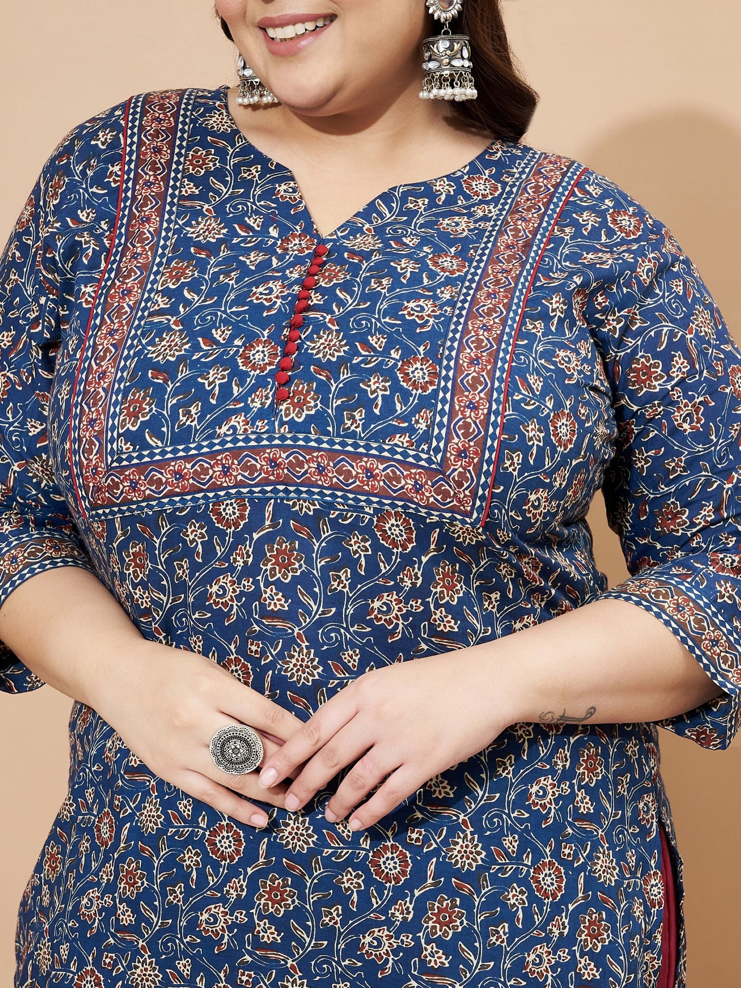 Blue Floral Printed Straight Cotton Stitched Kurta