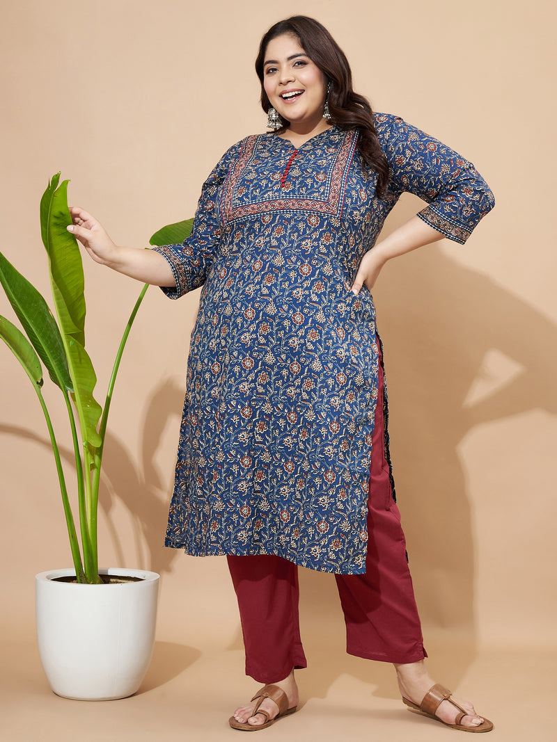 Blue Floral Printed Straight Cotton Stitched Kurta