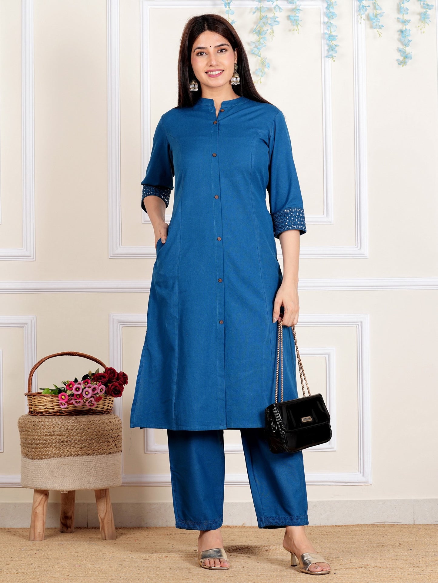 Blue A-Line Cotton Flex Kurta With Pant