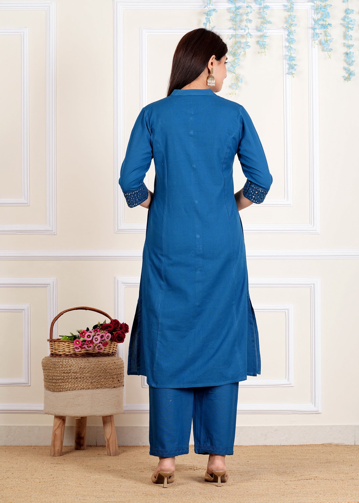 Blue A-Line Cotton Flex Kurta With Pant