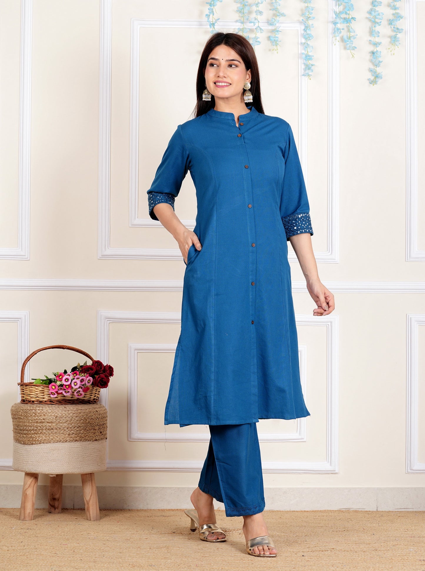 Blue A-Line Cotton Flex Kurta With Pant