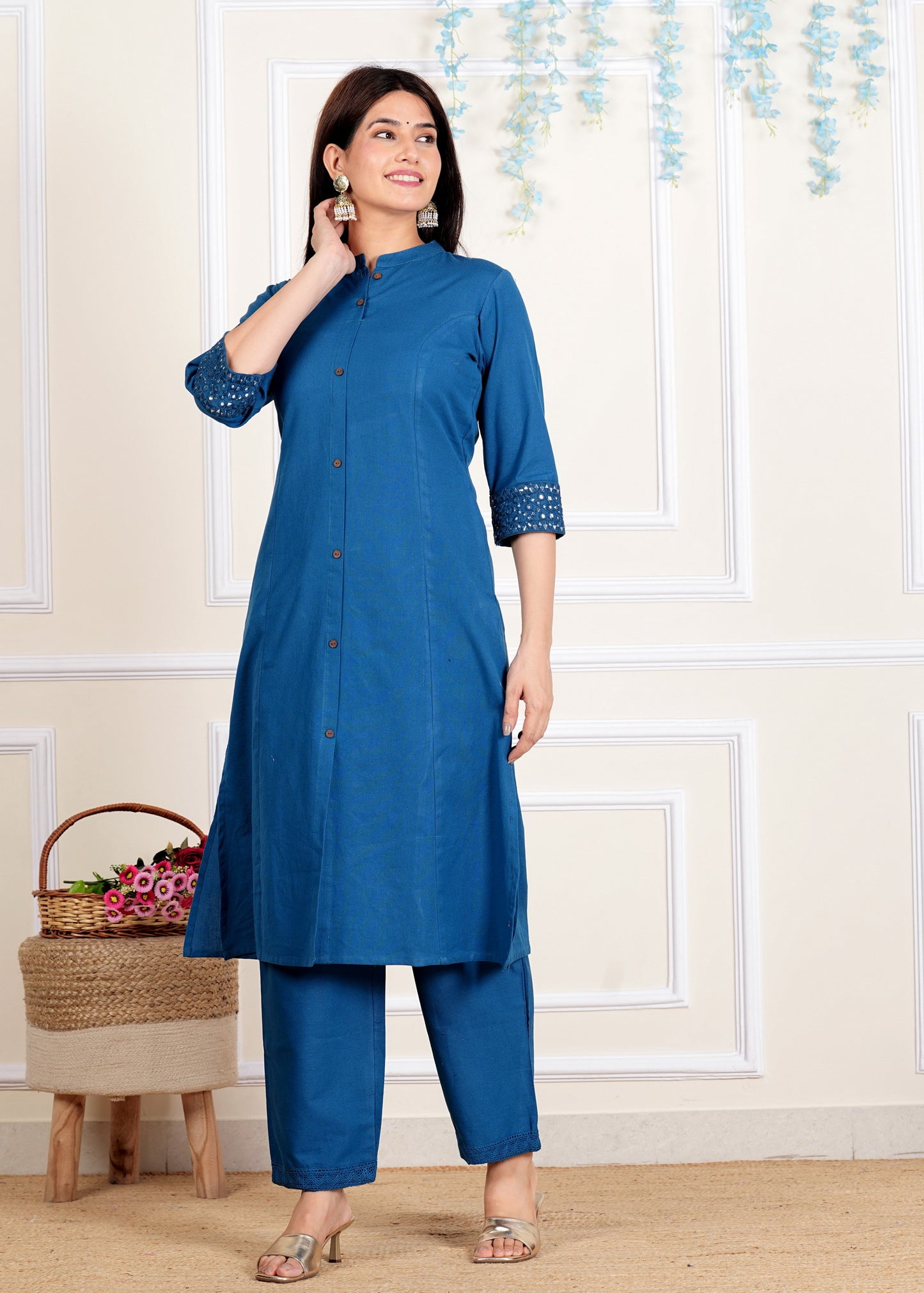 Blue A-Line Cotton Flex Kurta With Pant