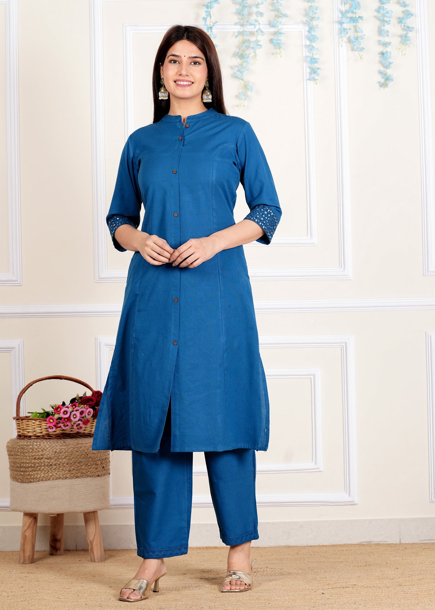 Blue A-Line Cotton Flex Kurta With Pant