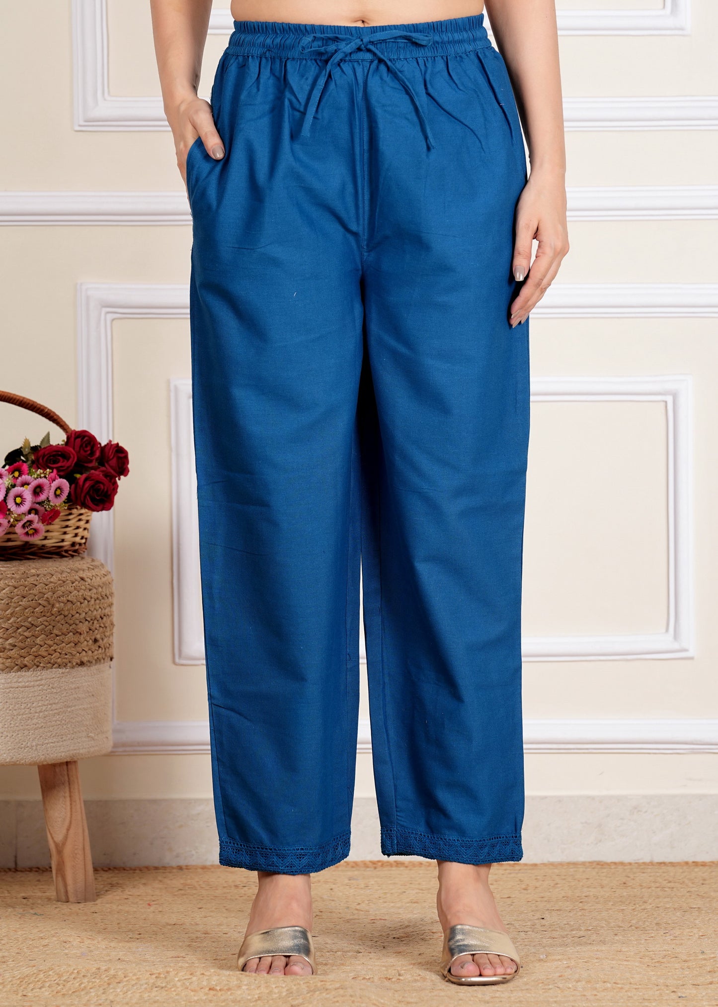 Blue A-Line Cotton Flex Kurta With Pant