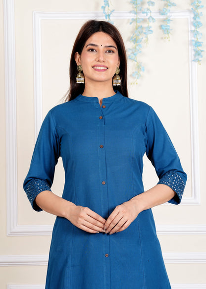 Blue A-Line Cotton Flex Kurta With Pant