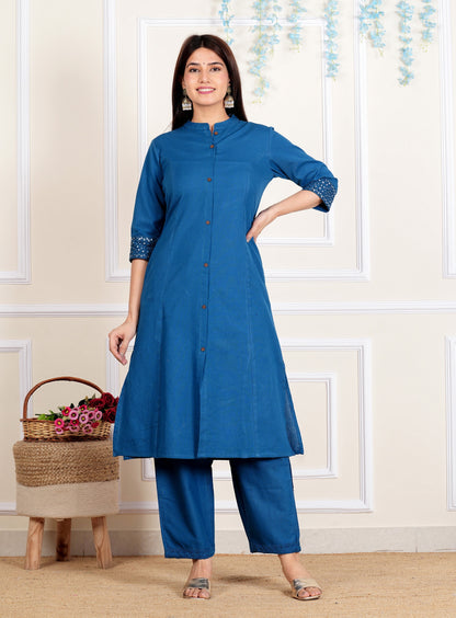 Blue A-Line Cotton Flex Kurta With Pant