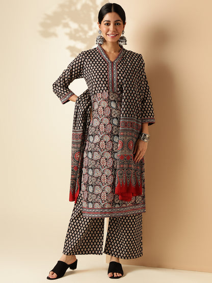 Black Floral Print Straight Cotton Kurta Set