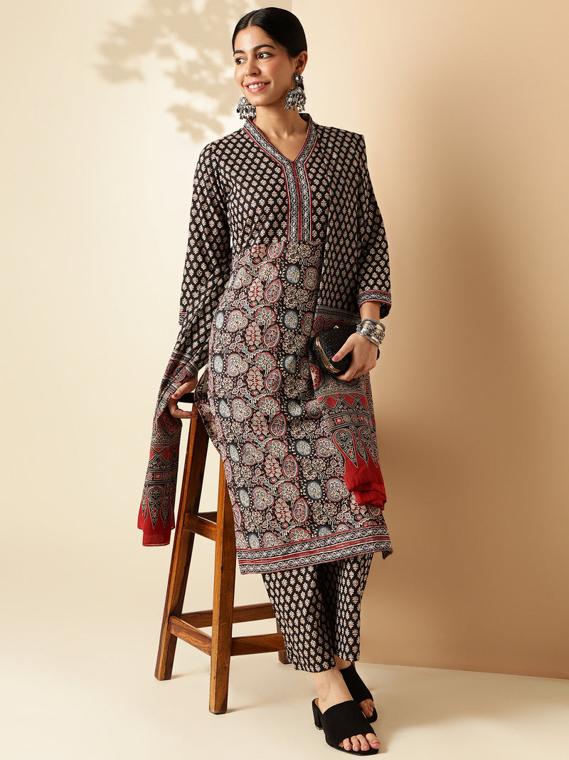 Black Floral Print Straight Cotton Kurta Set